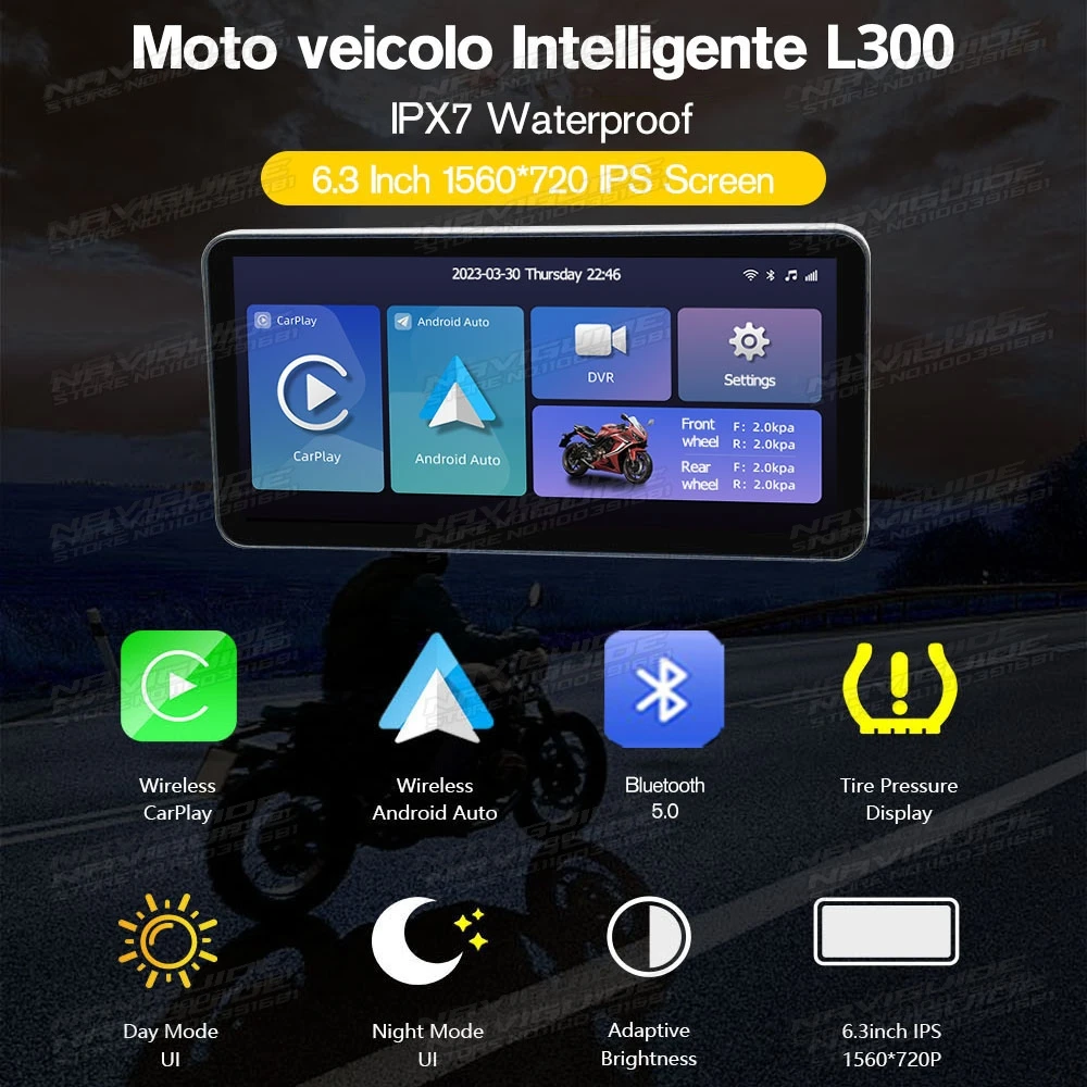 NAVIGUIDE L300 6.3'' Linux carplay motorcycle Wireless CarPlay&Android Auto Portable Moto LCD Display IPX7 WiFi 1560*720 BT 5.0