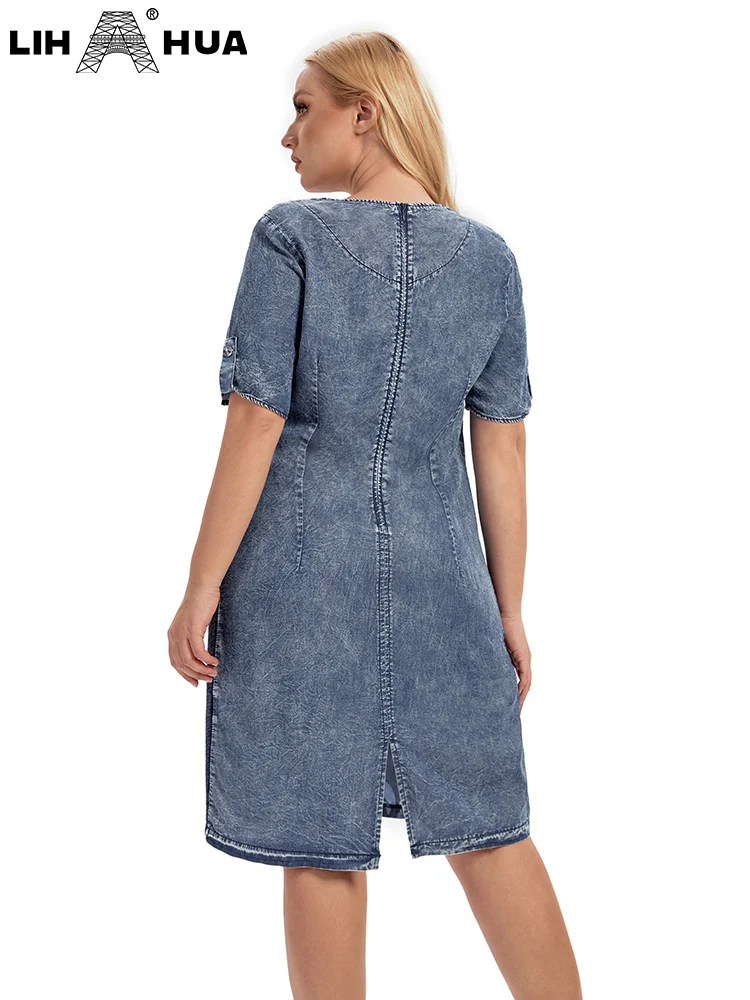LIH HUA Women's Plus Size Denim Dress Autumn Chic Elegant Dresses For Chubby Women Woven Cotton  Dress