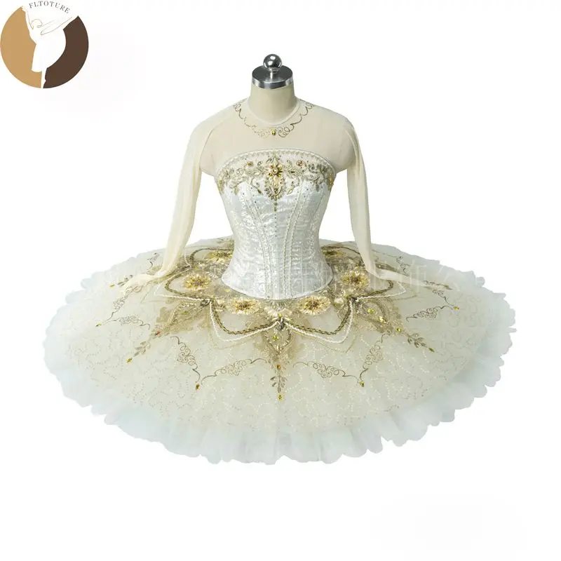 

FLTOTURE Newest CLassical Girls Female Pancake Skrit Long Sleeve Diamond Cream-Coloured Ballet YAGP Raymonda Tutu Dresses