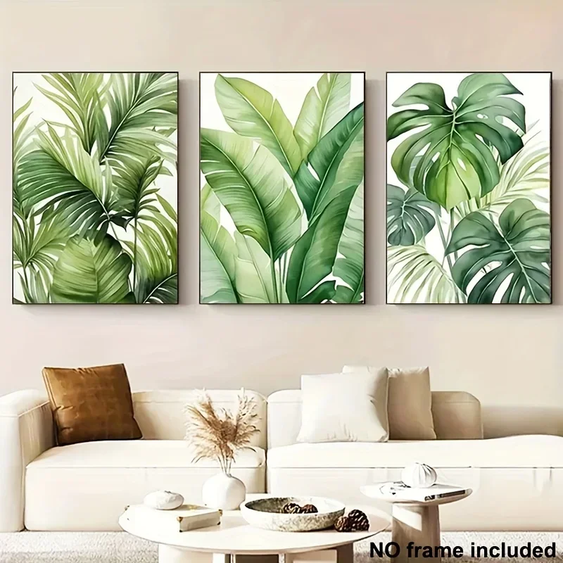 Frameless 3pcs Canvas Painting 2D Flat, 3pcs Frameless Tropical Boho Botanical Wall Art - Monstera, Banana & Palm Leaf Watercolo