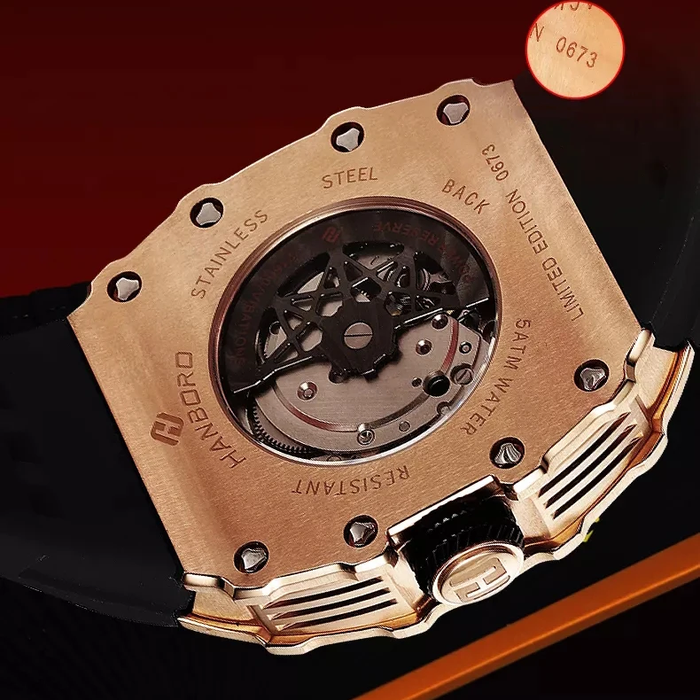 هانبورو ساعة أوتوماتيكية للرجال 52 مللي متر ساعة يد ميكانيكية مضيئة تونيو حافظة 50 متر مقاومة للماء قابلة للتدوير 6 تغيير ماكياج الوجه