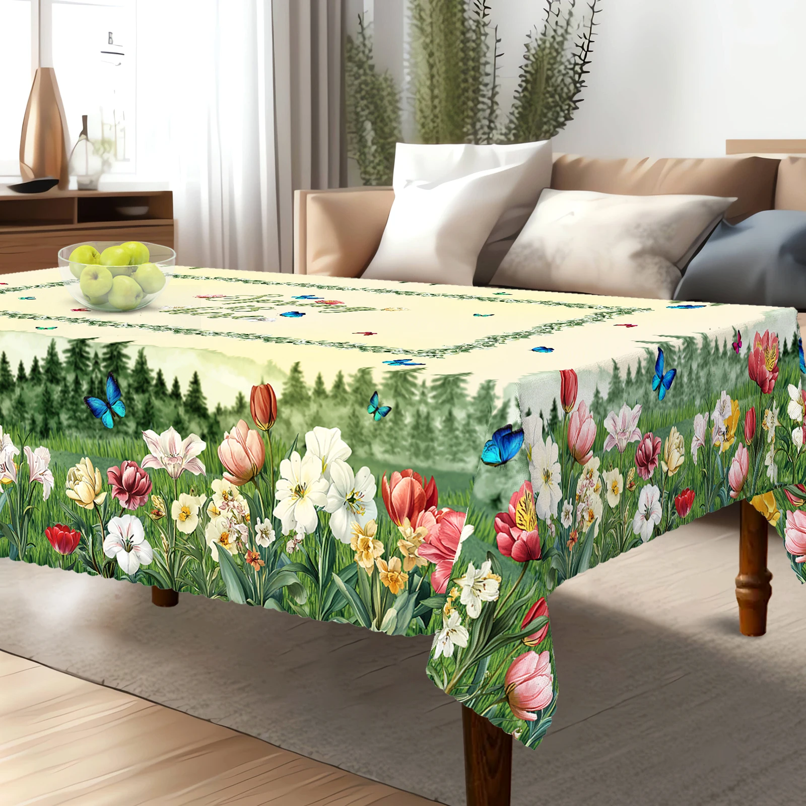 Vibrant Emerald Green Grassland Themed Polyester Tablecloth, with Vibrant Blooming Flowers, Emerald Green Forest, Dancing Butterflies Print Pattern, Embossed Edges, Waterproof, Wrinkle-Resistant, Fade-Resistant, Suitable for Rectangular and Round Dining Tables, Home Kitchen, Living Room Dining Table, Balcony Coffee Table, Holiday Party Table Decoration, Outdoor Picnic Decoration, Tea Table Decoration Table Cover, Perfect Gift P-059