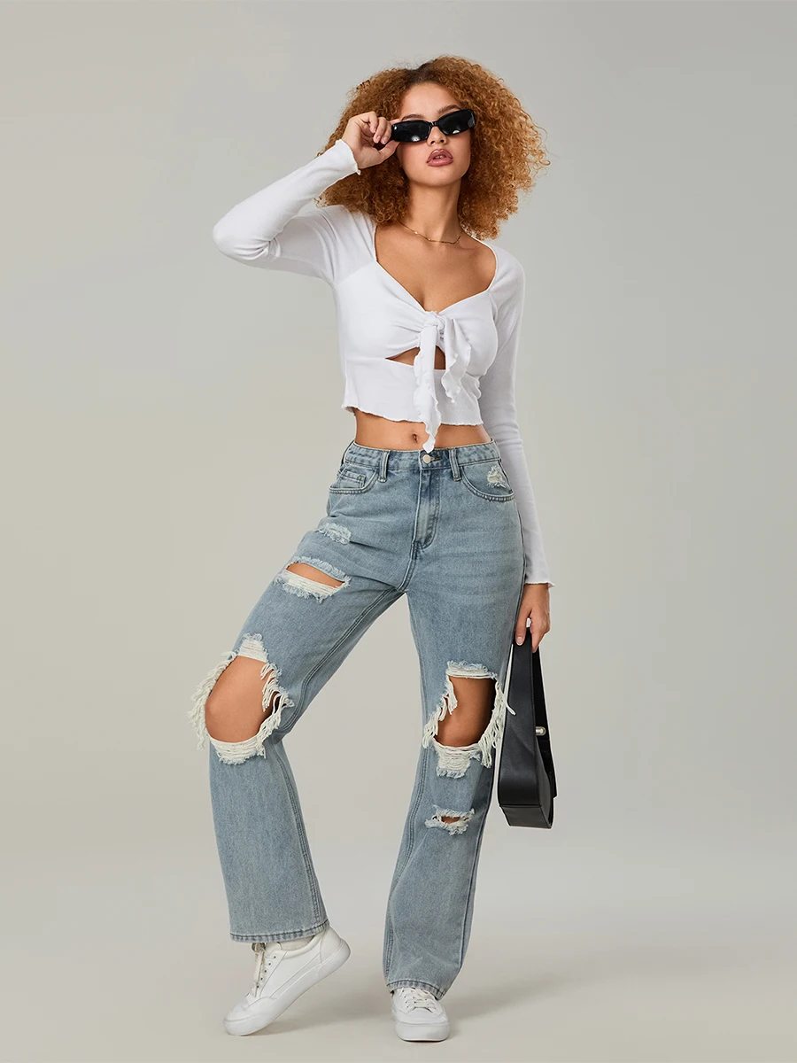 Jean déchiré taille haute pour femme avec poches, pantalon en denim à jambe droite, mode boyfriend