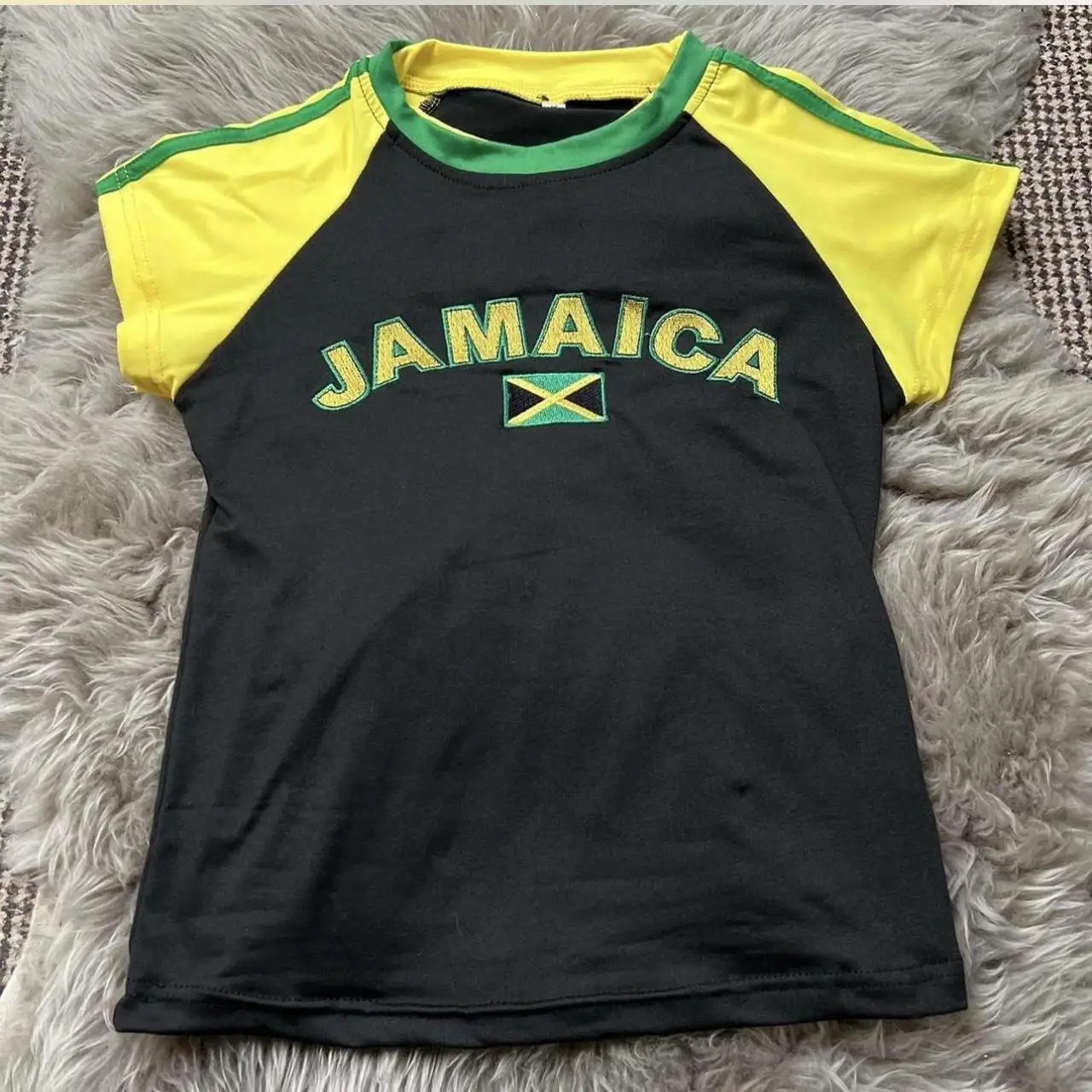 Damska estetyczna koszulka z haftem w litery JAMAICA Vintage koszulki dziecięce z krótkim rękawem letnia odzież uliczna sportowy patchworkowy top