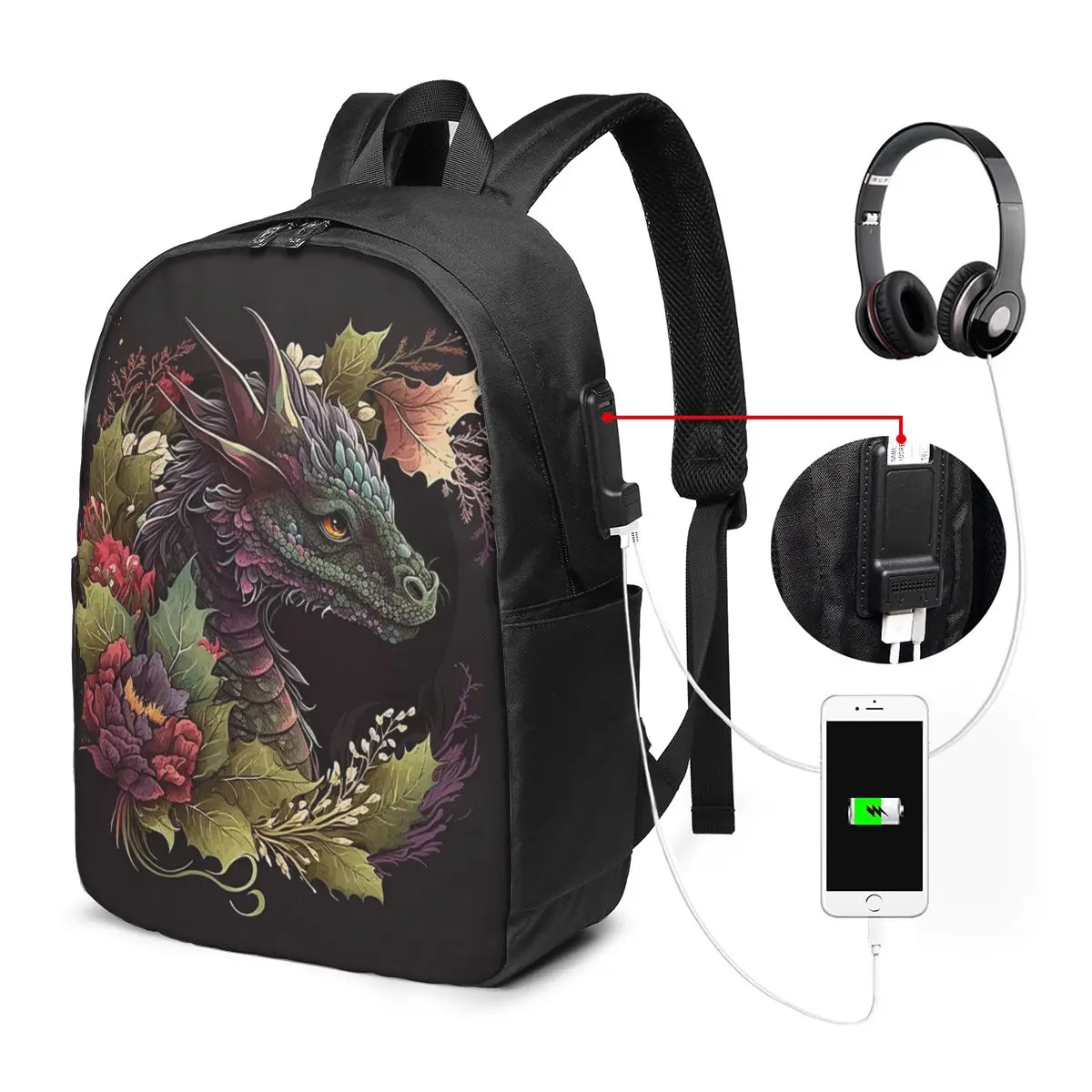 Fantasy Dragon And Purple Rose Design Backpack Travel Notebook Bag Computer College Student School Bag Laptop Shoulder Bags