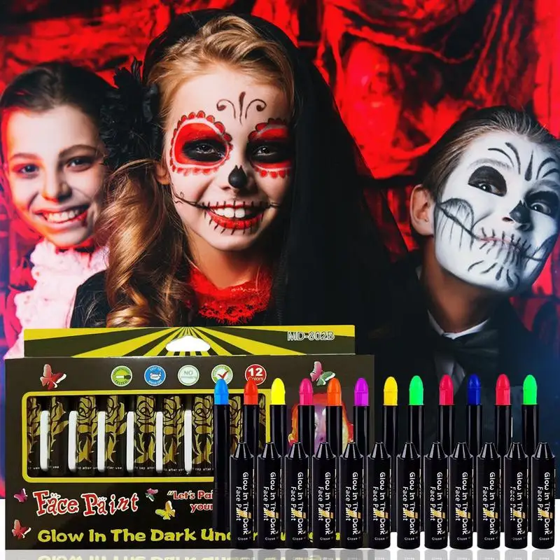 Kit de peinture néon UV pour le visage et le corps, crayons noirs vibrants, bâtons de maquillage lumineux, mardi gras, Halloween, mascara, 12 pièces