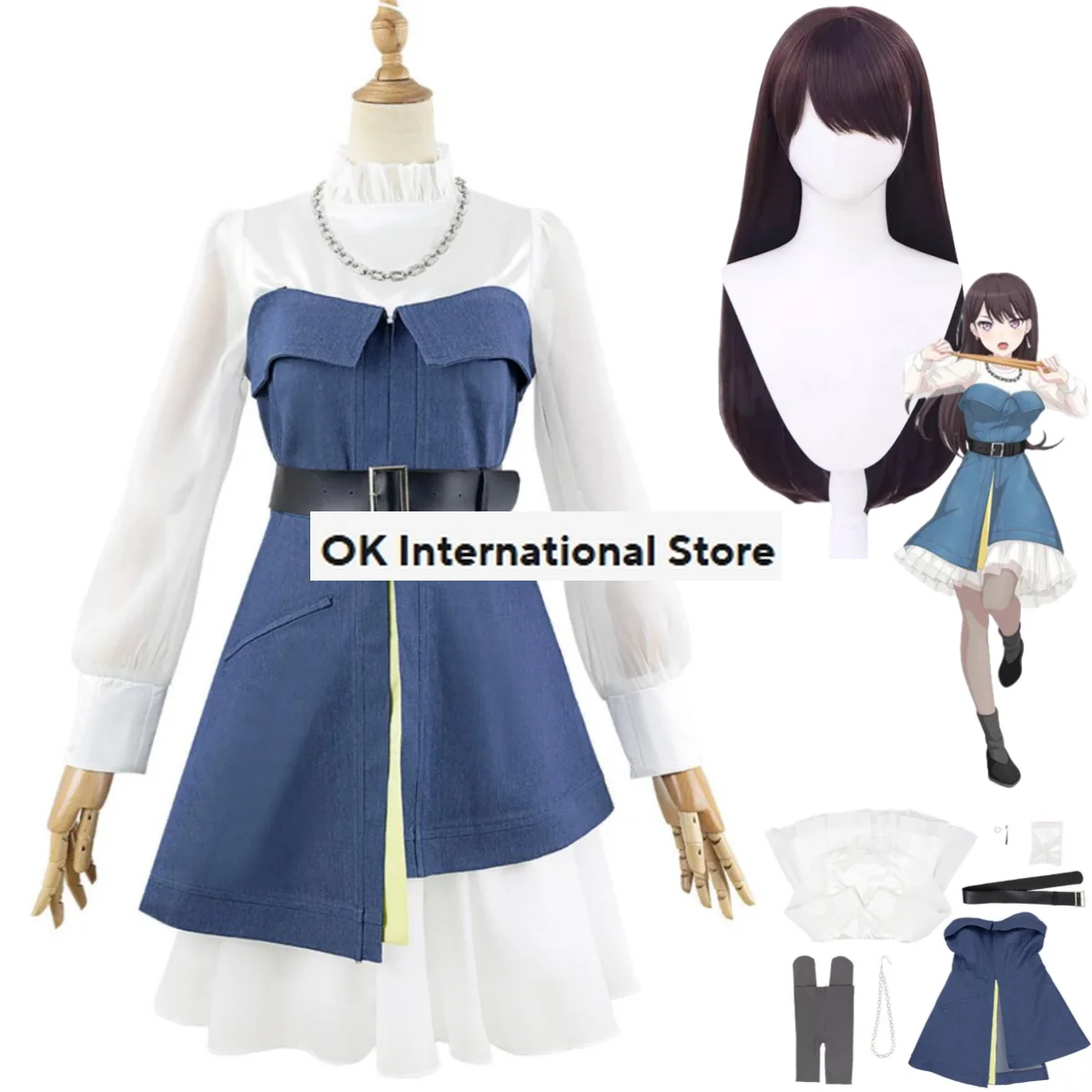 Anime Bang Sonho!, Bang Sonho Mygo!!!!! Taki Shiina Rikki Cosplay Traje, terno de saia jeans branco MyGO para mulheres, lindo vestido de festa, peruca, vestido sexy