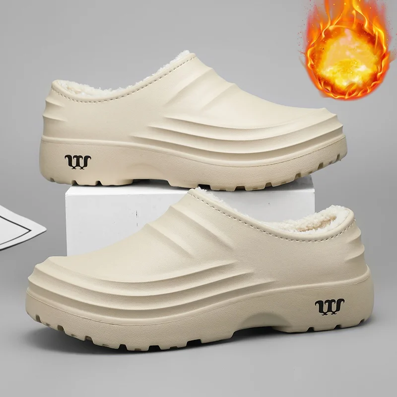 Men's and Women's Autumn and Winter Fleece-Lined Chef Shoes, Eva Integrated Plush Lining, Waterproof, Oil-Proof, Non-Slip, Closed-Toe Work Shoes for Kitchen and Restaurant