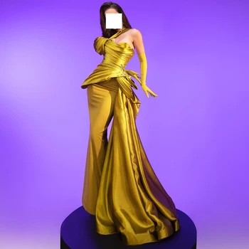 Vestido de fiesta de satén dorado personalizado, sirena, encaje exquisito y vestido de noche con lentejuelas, Panel de un hombro, tren, vestidos de celebridades