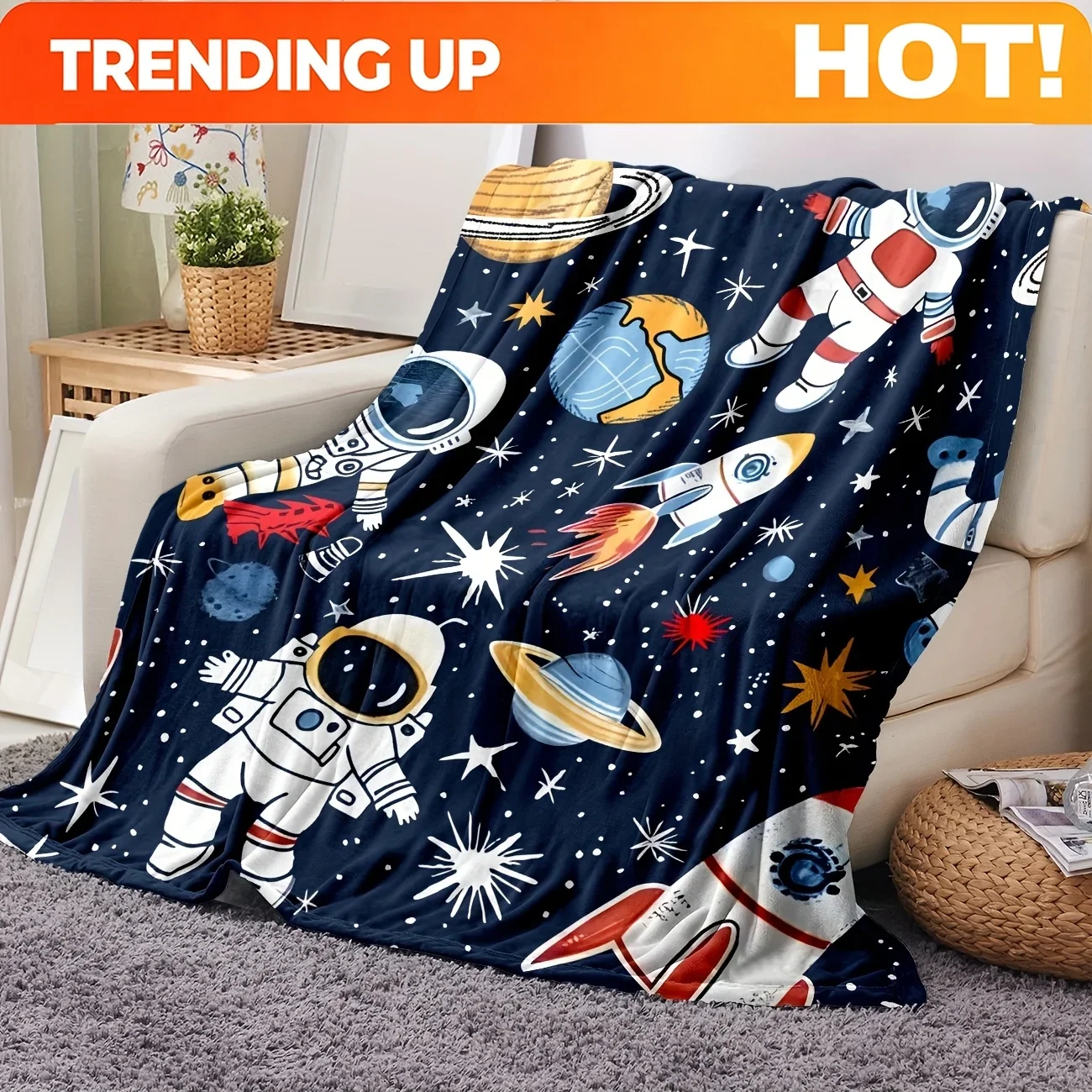 Customization 1pc Cozy Astronaut Blanket - Soft Flannel Fleece Space-Themed Bedspread With Planets & Rockets, Lightweight All-Se
