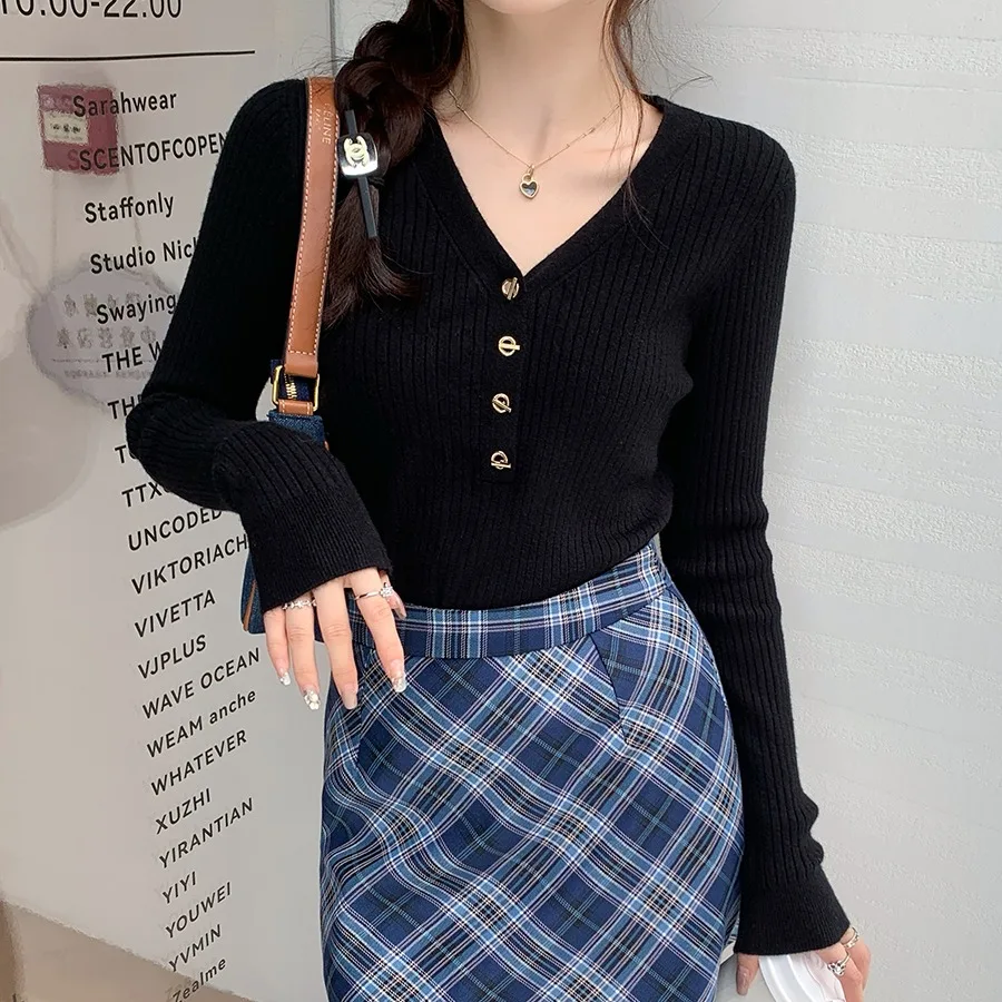 Suéteres de punto de manga larga a la moda, jerséis para mujer, ropa para mujer, suéter de punto negro con cuello en V, Jersey, Tops para mujer Q1192