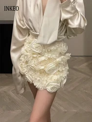 Women's Three-dimensional decoration floral skirt High street  Beige High waist A-link mini skirt Design 2025 Sexy INKEO 4B015