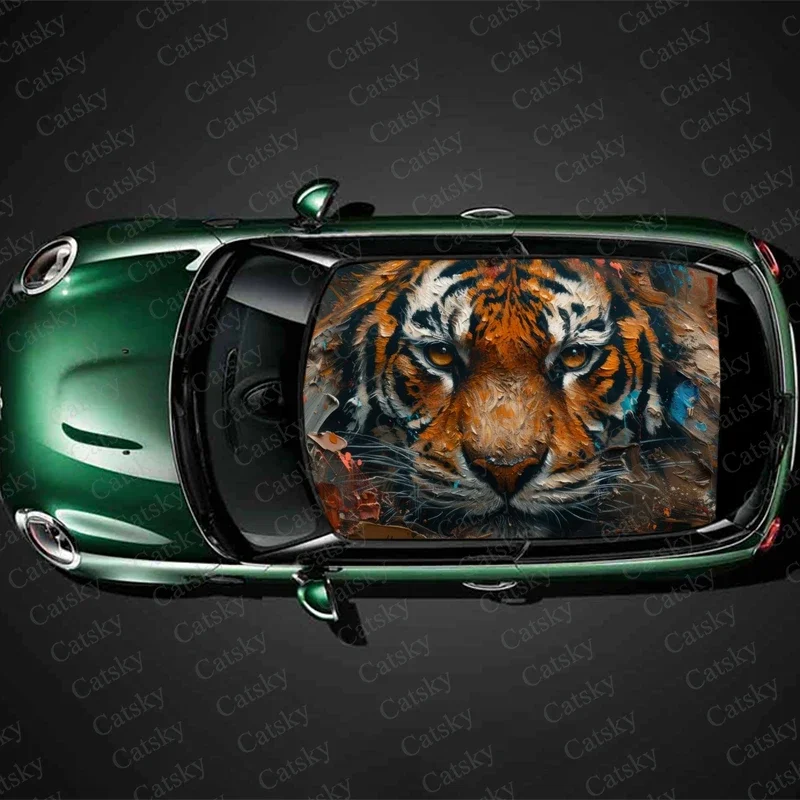 Tiger Faceroaring Art Car Roof Sticker Wrap Racing SUV Accessories Packaging Painted PVC Custom Car Graphic Decal