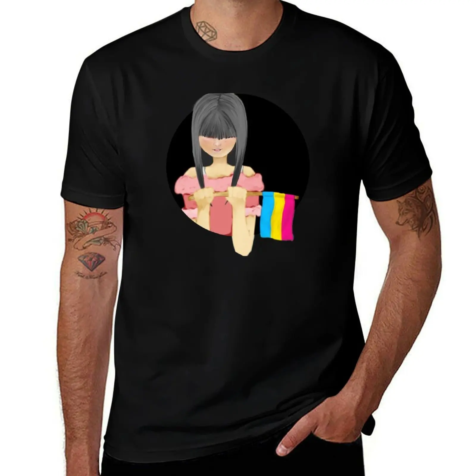 blushing holding Pan Flag T-Shirt Casual Fashion Print Tee Top