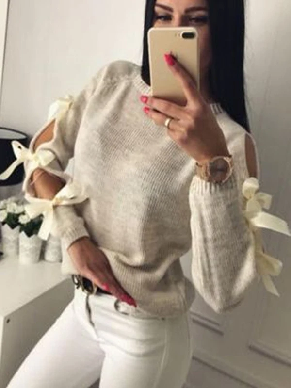 

Пуловер на шнуровке с бантом и выдолбленным узлом Street Sle Прямой крой Длинный свек круглый Ne Обычный тонкий