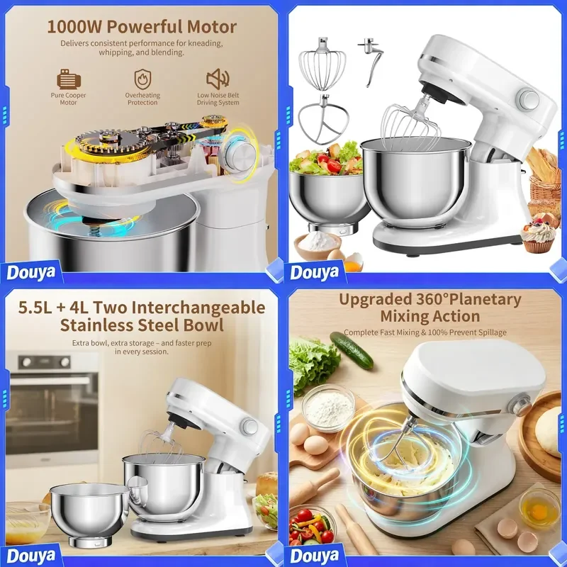 BioloMix Double Bowl Electric Food Mixer 5.5L/4L 8 Speeds Stand Mixer for Daily Use with Whisk Dough Hook Flat Beater