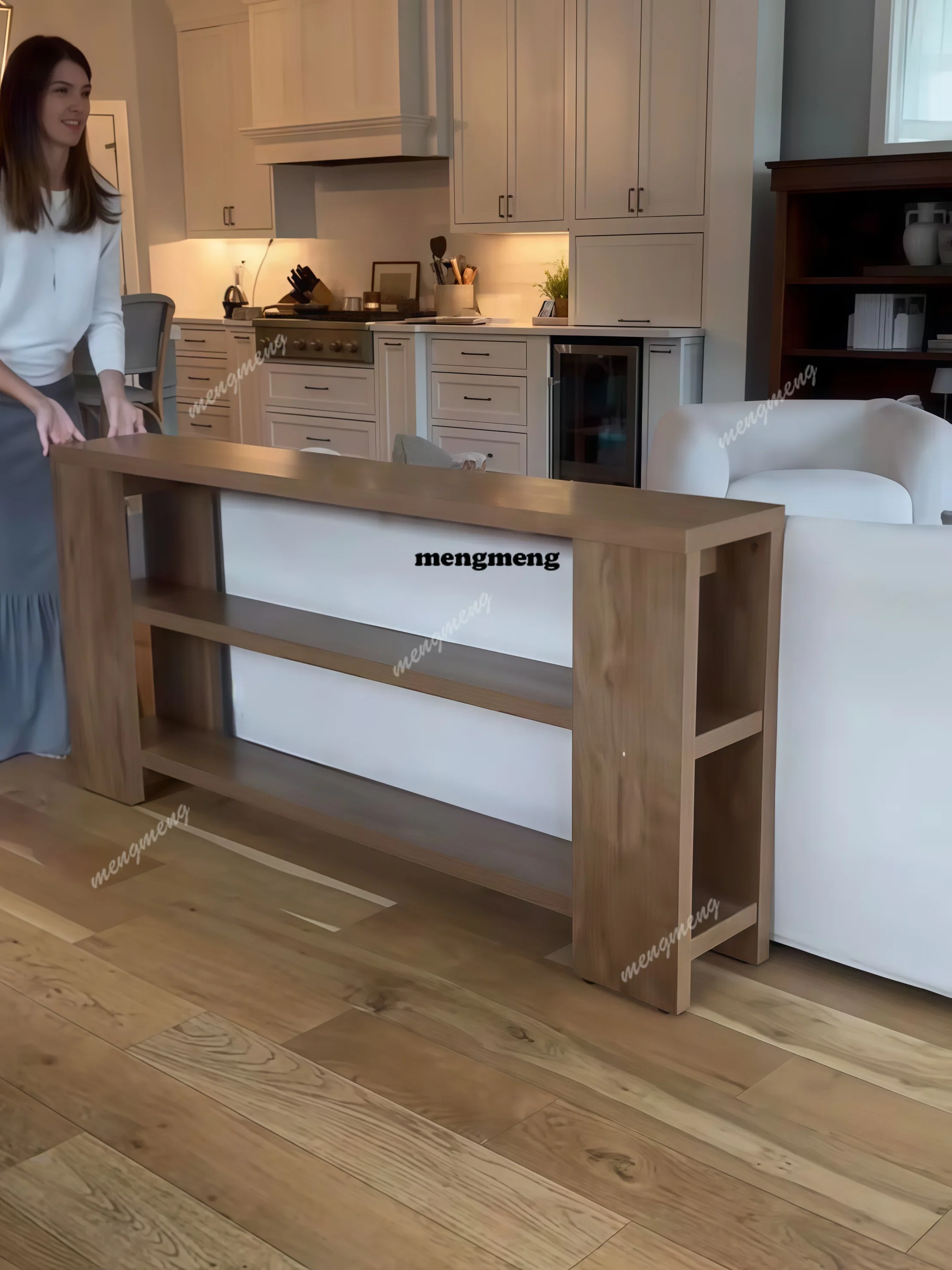 New arrive French style wooden entrance table, long strip multi-layer shelf, log color display cabinet, solid wood sofa back few