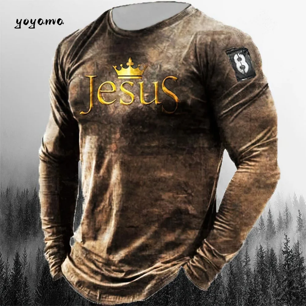 

2026 Мужская уличная футболка с длинным рукавом с религиозным рисунком Иисуса, весенне-осенняя модная свободная мужская повседневная одежда с 3D принтом