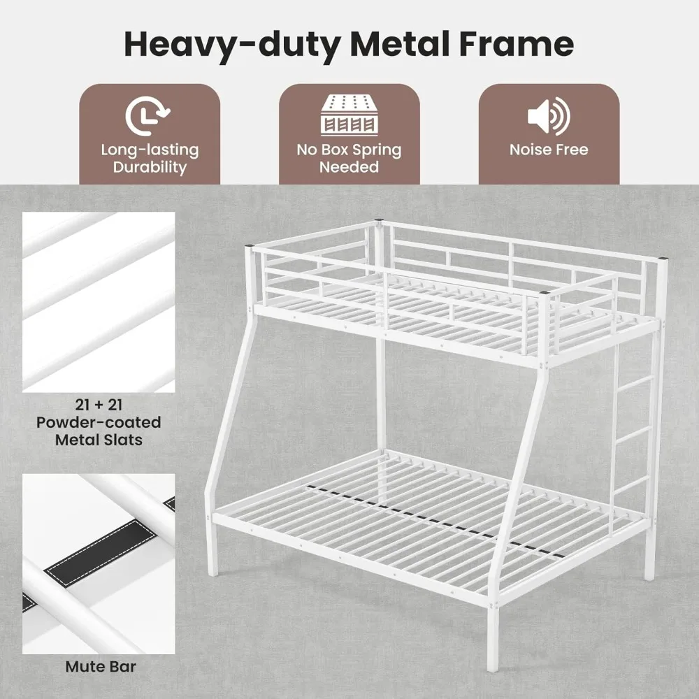 سرير معدني مزدوج فوق سرير بطابقين كامل، إطار سرير عالي التحمل مع سلم متكامل، واقي كامل الطول للمراهقين والبالغين، #6