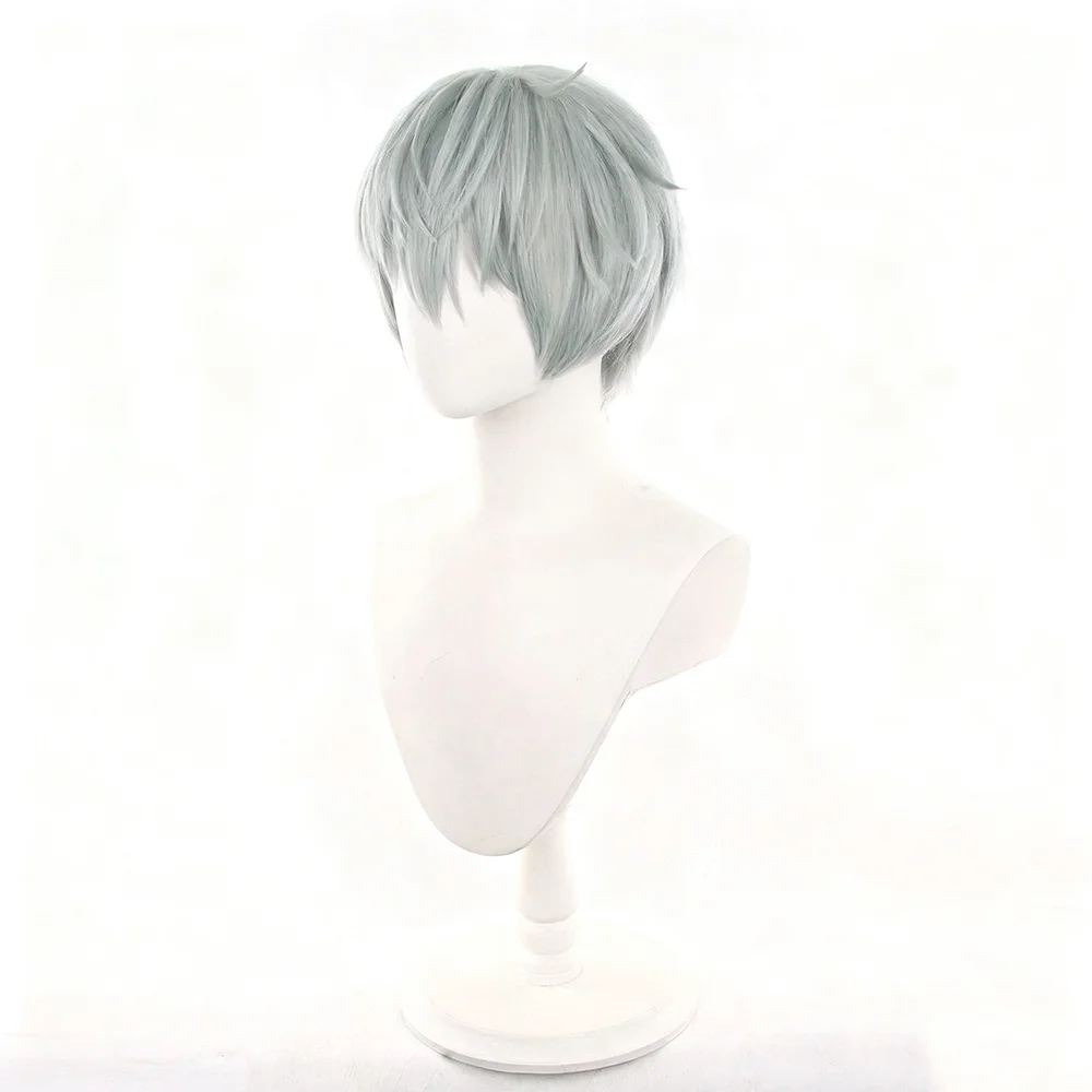 Anime Alien Stage Till Cosplay Pruik Mannen Vrouwen Cyaan Grijs Kort Haar Hittebestendige Synthetische Pruik Halloween Party Prop