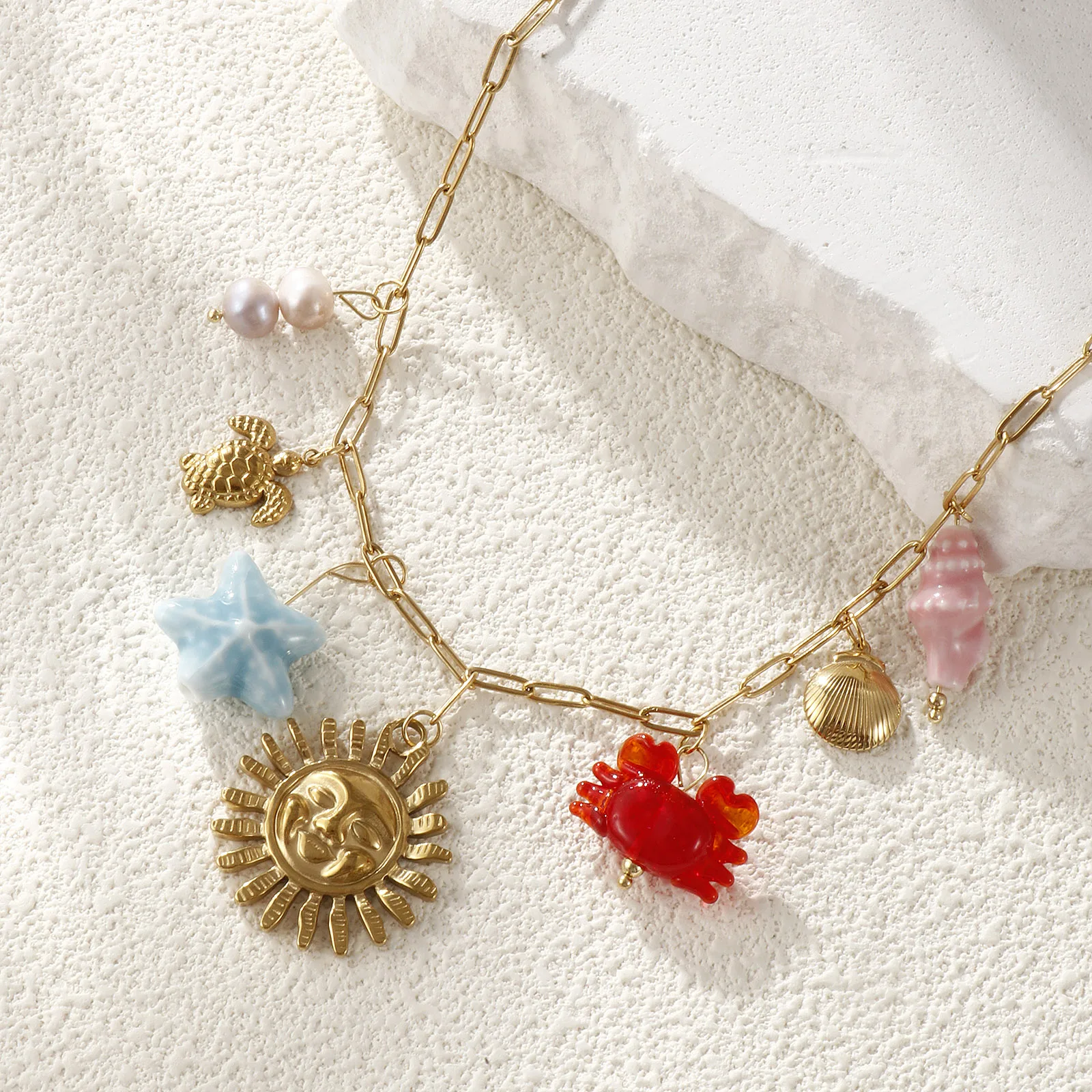 Hot Summer Sun Necklace For Beach Jewelry Stylish 18K Real Gold Plated Stainless Steel Marine Animal Women Pendant Necklace 42cm