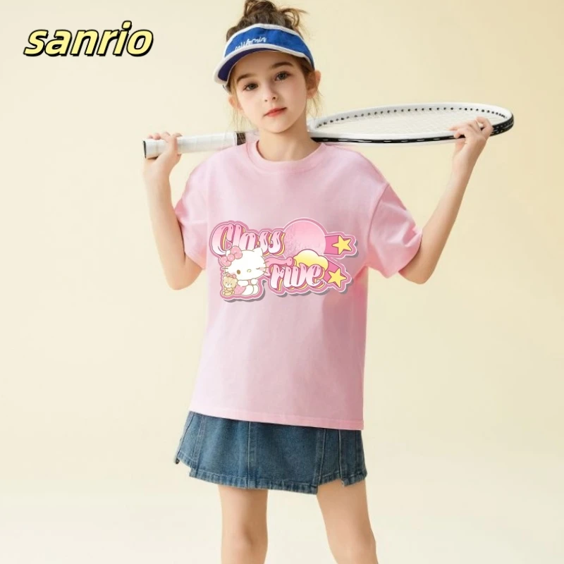 

Sanrion, летняя одежда из 100% хлопка для маленьких девочек, детские футболки с короткими рукавами с принтом «Hello Kitty», детский топ с героями мультфильмов для девочек, наряды
