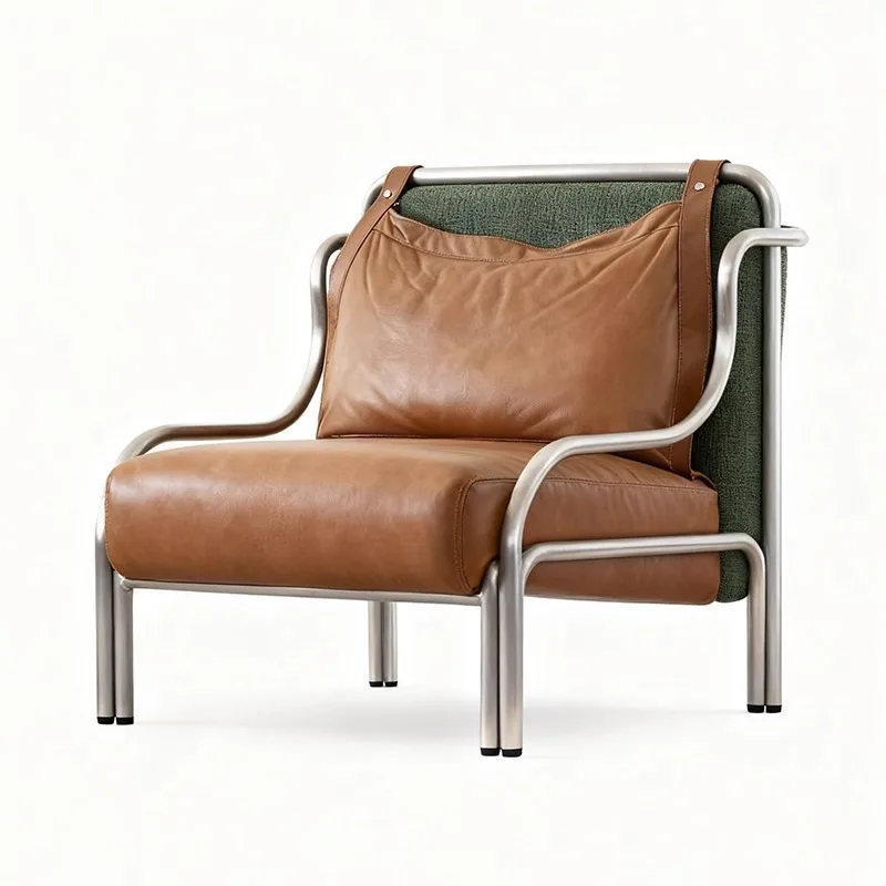 Sofa Lounge Chair Stainless Steel Brown Leather Art Chair Study Cafe