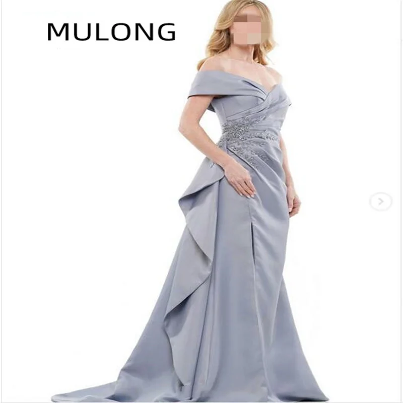 MULONG Satin Mother Of The Bride Dresses A Line Side Slit  Off The Shoulder Groom Dresses Mother Dresses Plus Size New 2023