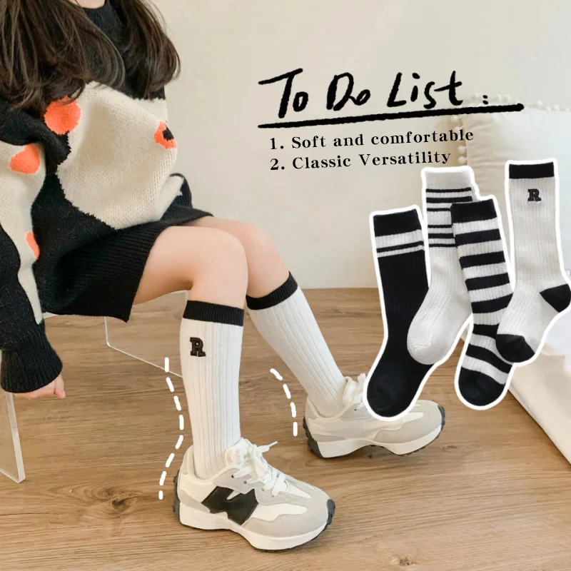 

Letter Stripe Kids Girl Knee HighSocks Fashion Balck White Children Stockings Soft Cotton Knee Protection Long Sock Sokken Sox