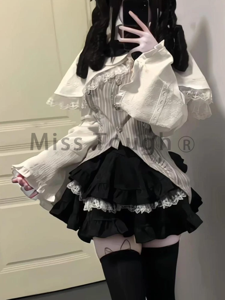 Winter Japanese Kawaii New 4 Piece Set Women Sweet Party Patchwork Mini Skirt Suit Female Harajuku Cute Tops＋Lace Pleated Skirt