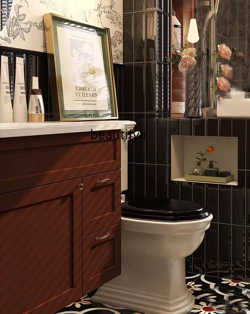 

Red Bathroom Cabinet Combination Wall-Mounted Bathroom Cabinet Black Tile Bathroom Wash Basin