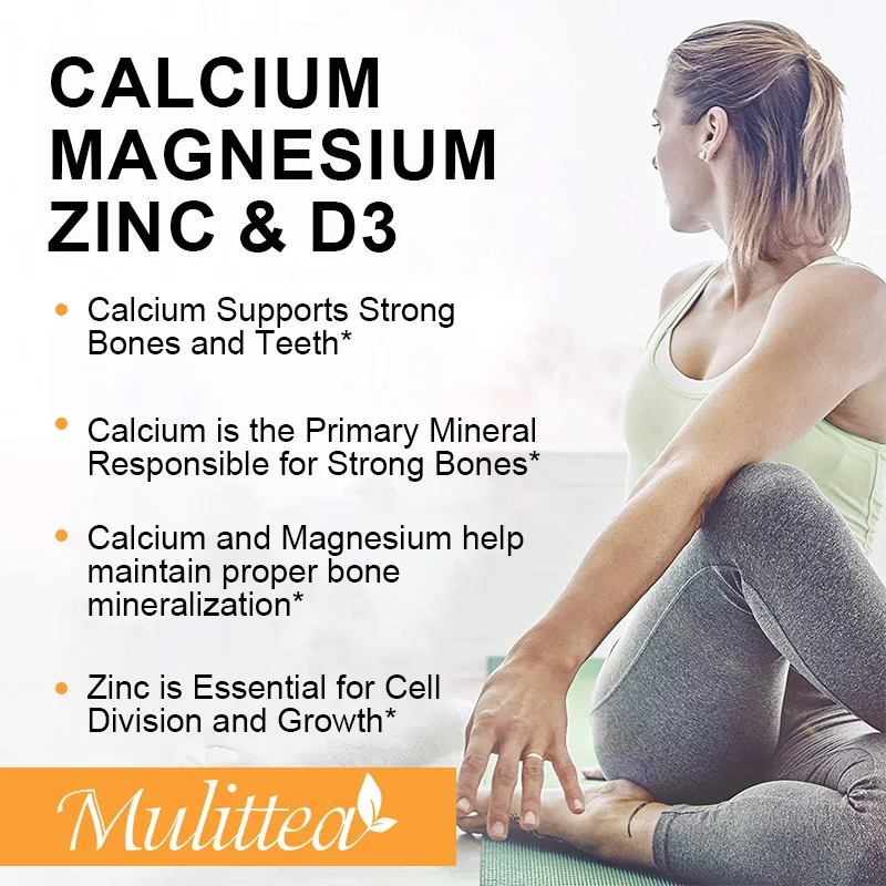 Mulittea Calcium Magnesium Zinc Capsules with Vitamin D3 for Strong Bones & Nervous System Health & Promotes Cell Growth