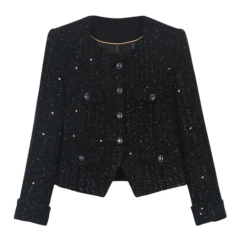 Black Sequins Wool Tweed O Neck Short Coat Small Fragrance Casual Fashion Pockets Korea Chic Daily Women Jacket Autumn Winter