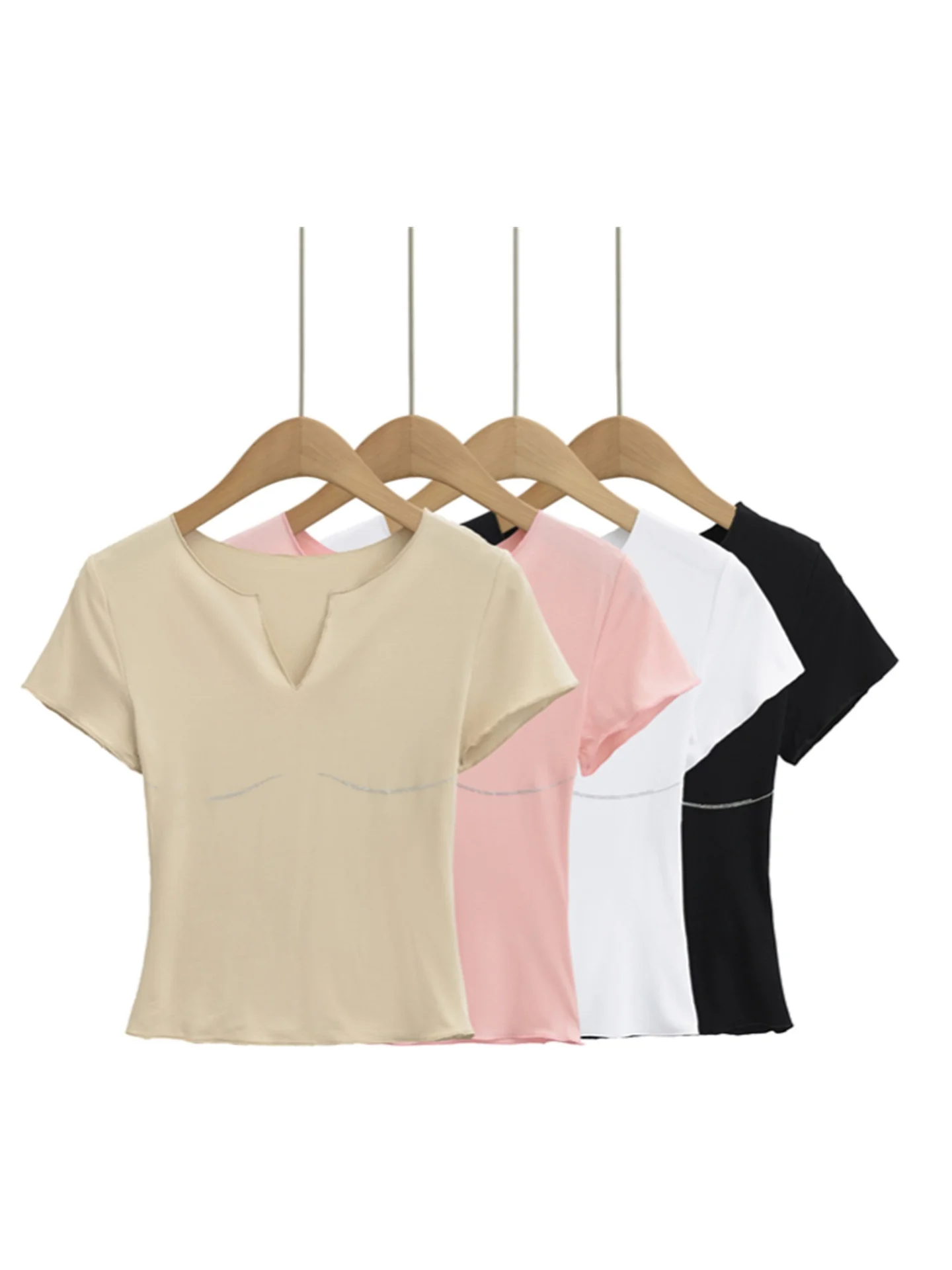تي شيرت نسائي صيفي كاجوال بتصميم عصري، ياقة على شكل V، أكمام قصيرة، ضيق ومطاطي عند الخصر، بلون الطوب