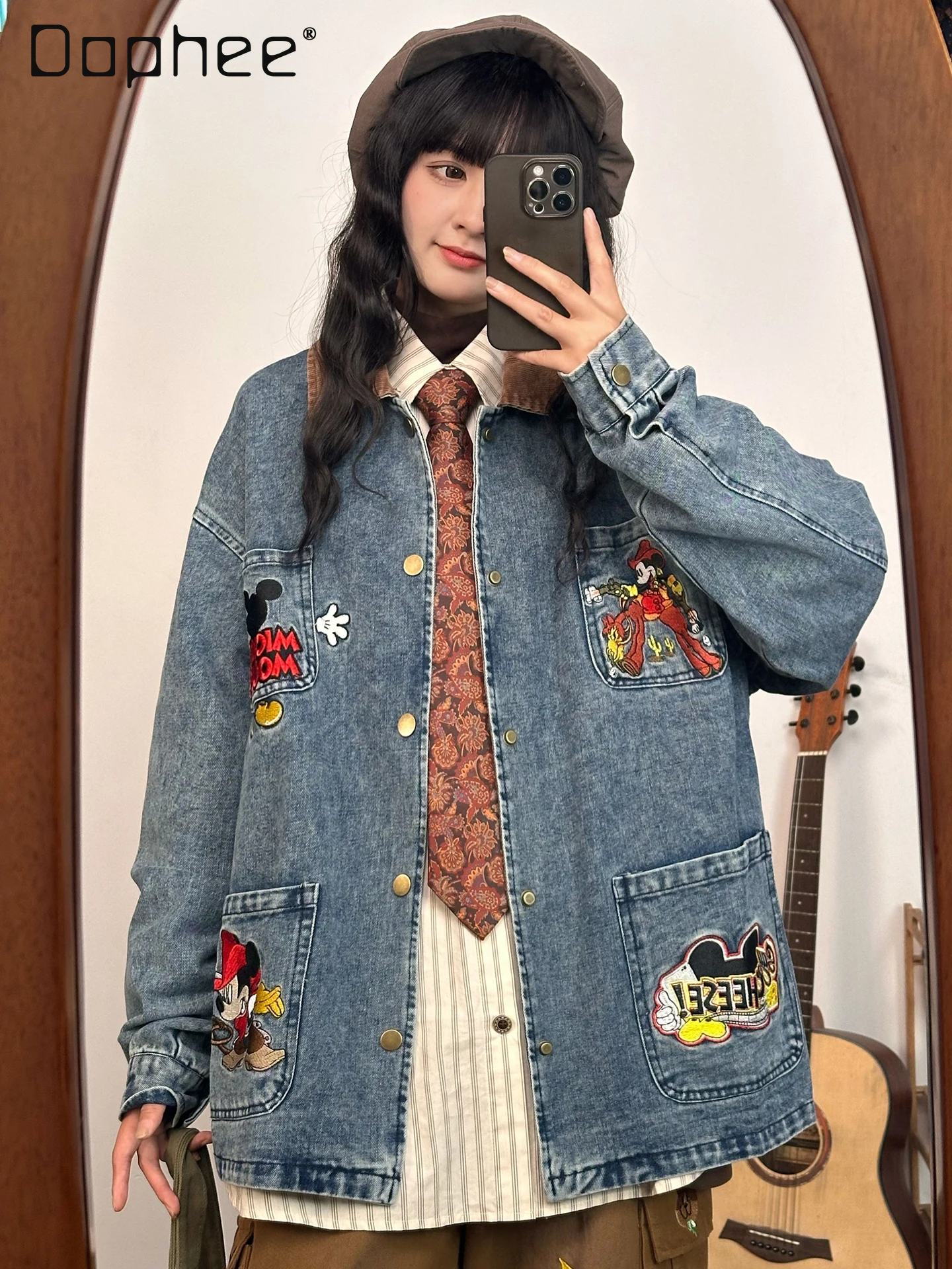 

American Retro High Street Embroidered Cartoon Denim Jacket for Women Spring and Autumn Unisex Turn-Down Collar Jacket Top