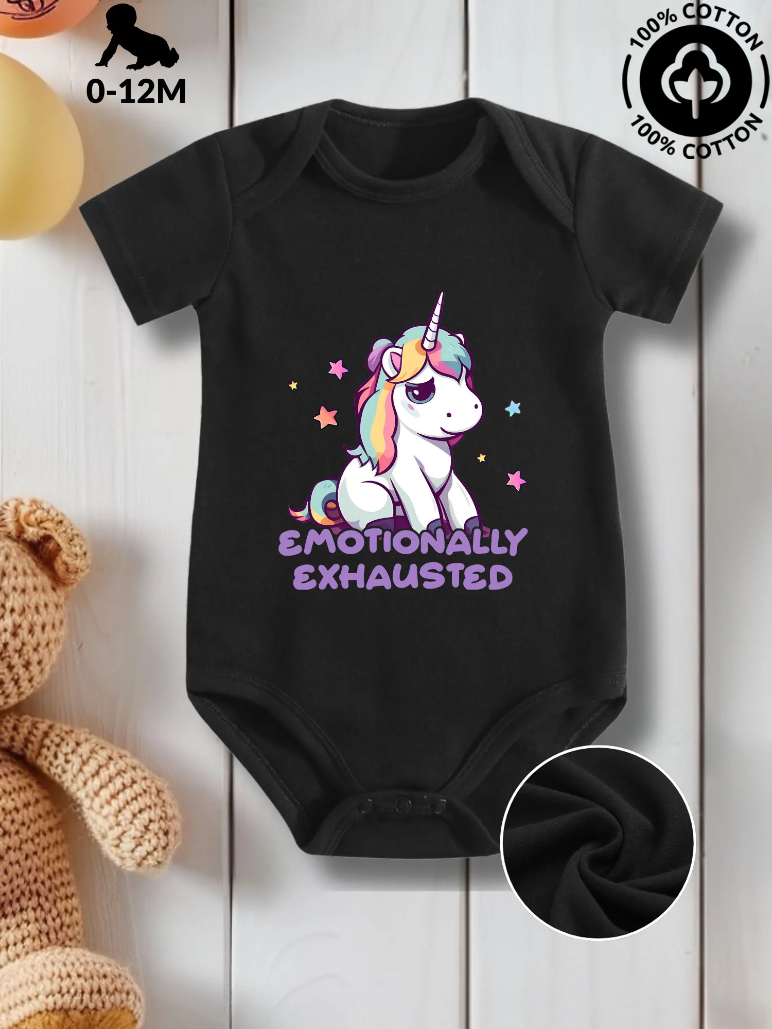 

Emotionally Exhausted Unicorn Unisex Baby Crawling Suit, Pure Cotton Skin Care Onesie, All-Season Wear Black Bodysuit 190GSM