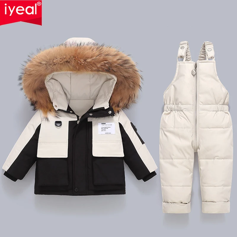 IYEAL 2024 Winter Down Jacket Jumpsuit Baby Boy Parka Real Fur Girl Snowsuits Children Clothing Set Toddler Thick Warm Overalls