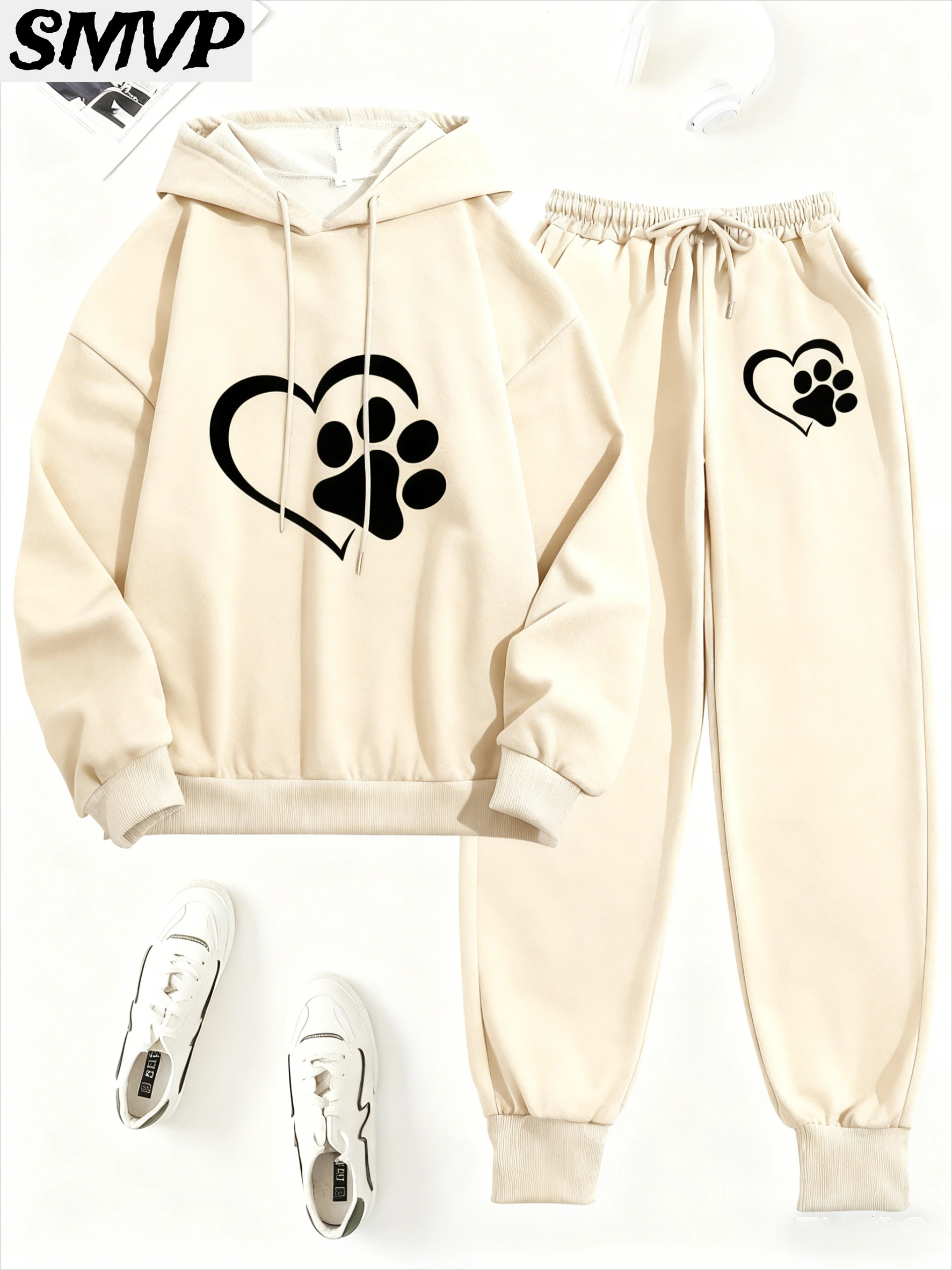 

SMVP женский хлопковый комплект с капюшоном для девочек, бежевый, черный, с принтом лапы в форме сердца, наряд из двух предметов, повседневная одежда для дома, одежда для мамы и дочки