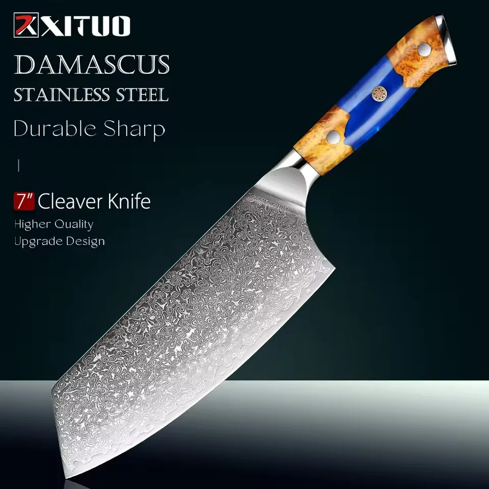 Japanese 7.5 Inch Cleaver Knife,Damascus Steel Kitchen Knife,Stabilized Wood & Resin Handle, Butcher Knife for Meat,Vegetables