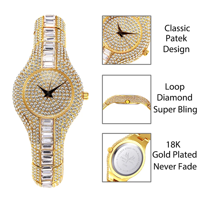 MISSFOX Baguette Diamond Women Watches Luxury Ladies Gold Wristwatch Shockproof Waterproof Small Womens Watch For Female Clock