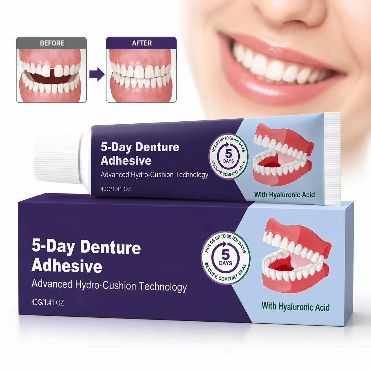Hyaluronic Acid Denture Adhesive Cream 5‑Day Secure Hold Hydro‑Cushion Comfort Fixing Glue For Loose False Teeth Long Lasting