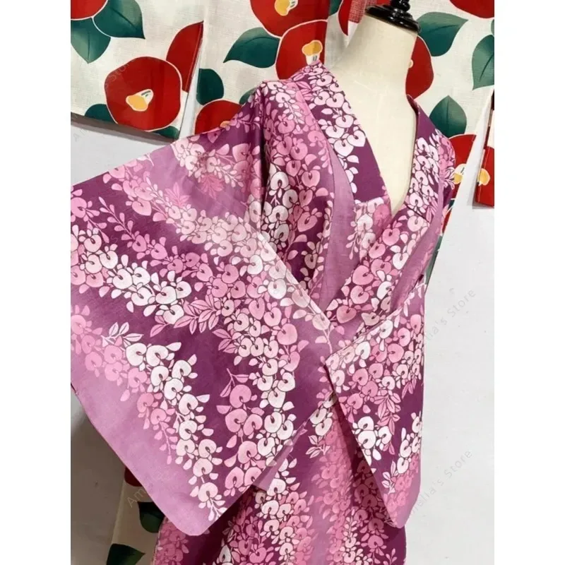 Yukata เสื้อคลุมยาวชุดกิโมโนญี่ปุ่นแบบดั้งเดิมเสื้อผ้าผู้หญิงผ้าฝ้ายผ้าลินินชุดรูปแบบสไตล์ญี่ปุ่น