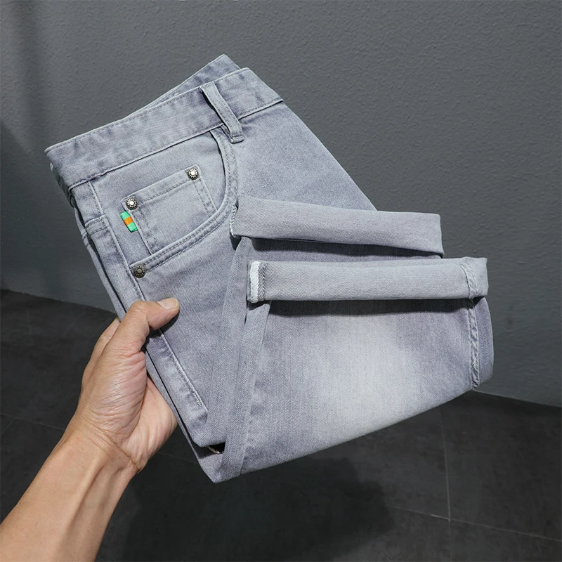 Summer Thin Light Gray Stretch Denim Shorts Men's Fashion Brand Loose Straight Ruffle Handsome Street Casual Cropped Pants