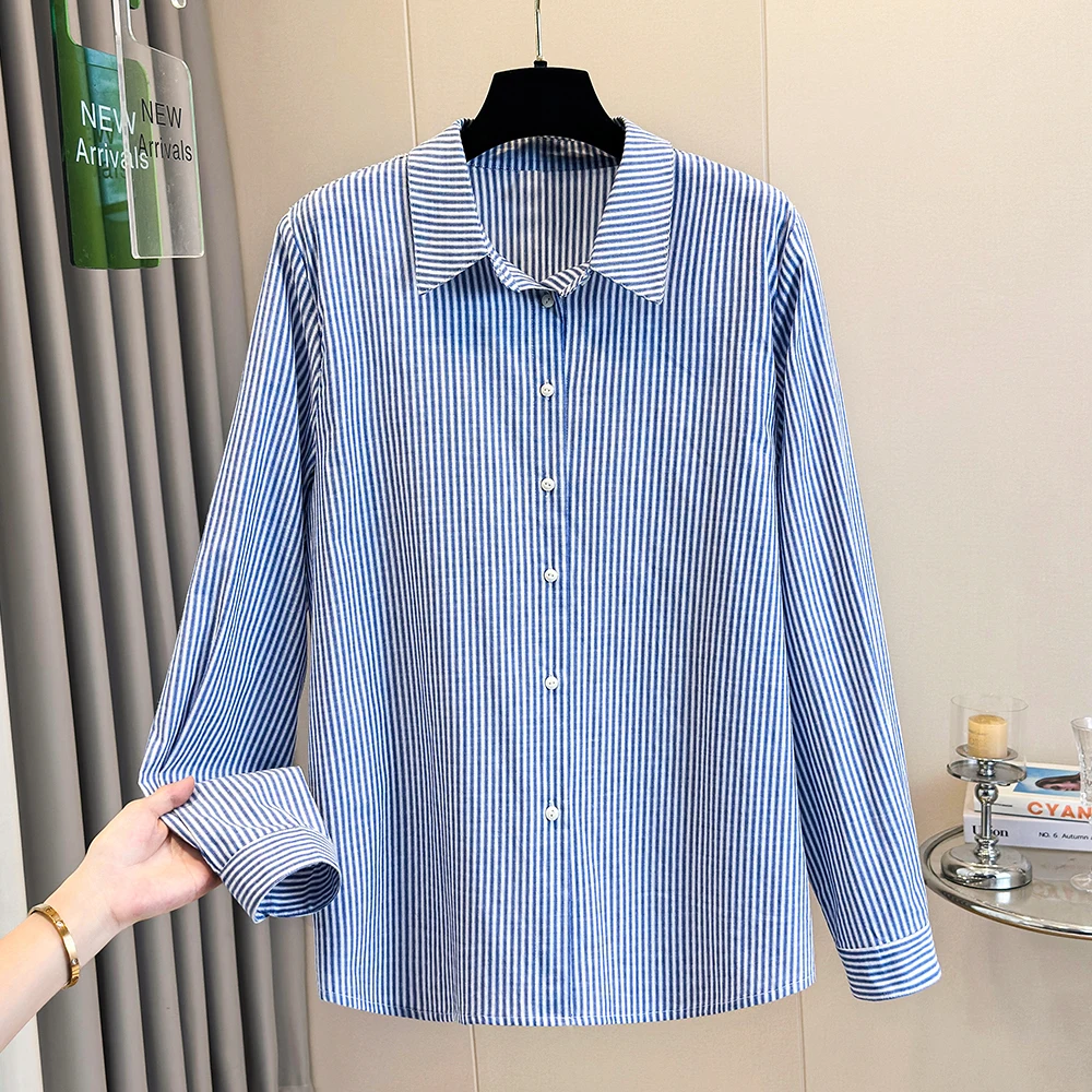 Blue Striped Long Sleeve Casual Shirt Women's Loose Commute Shirt Versatile Top Open Cardigan Spring Autumn New Style Cotton ...