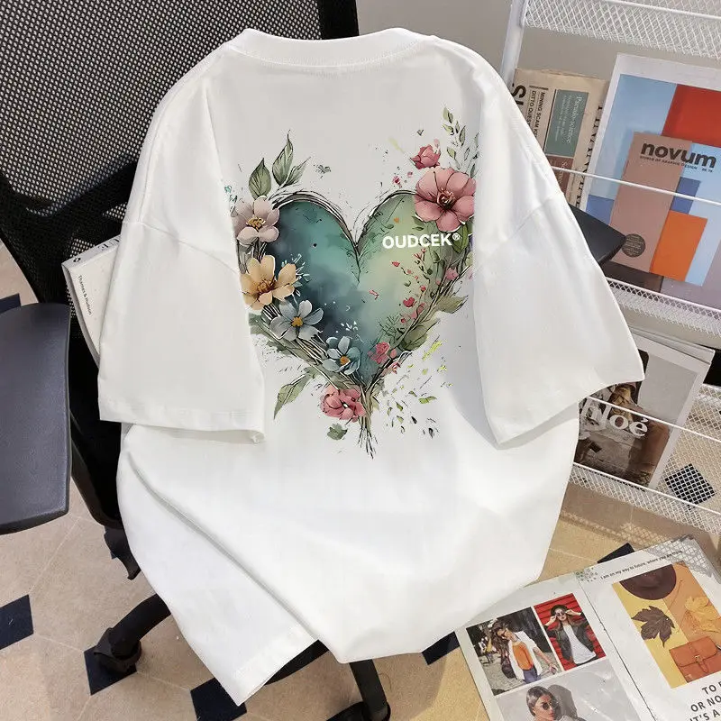 Heart-shaped Printed Women's White T-shirt Casual Sports Short-sleeved Top Summer Men and Women Surfing & Beach T-Shirts