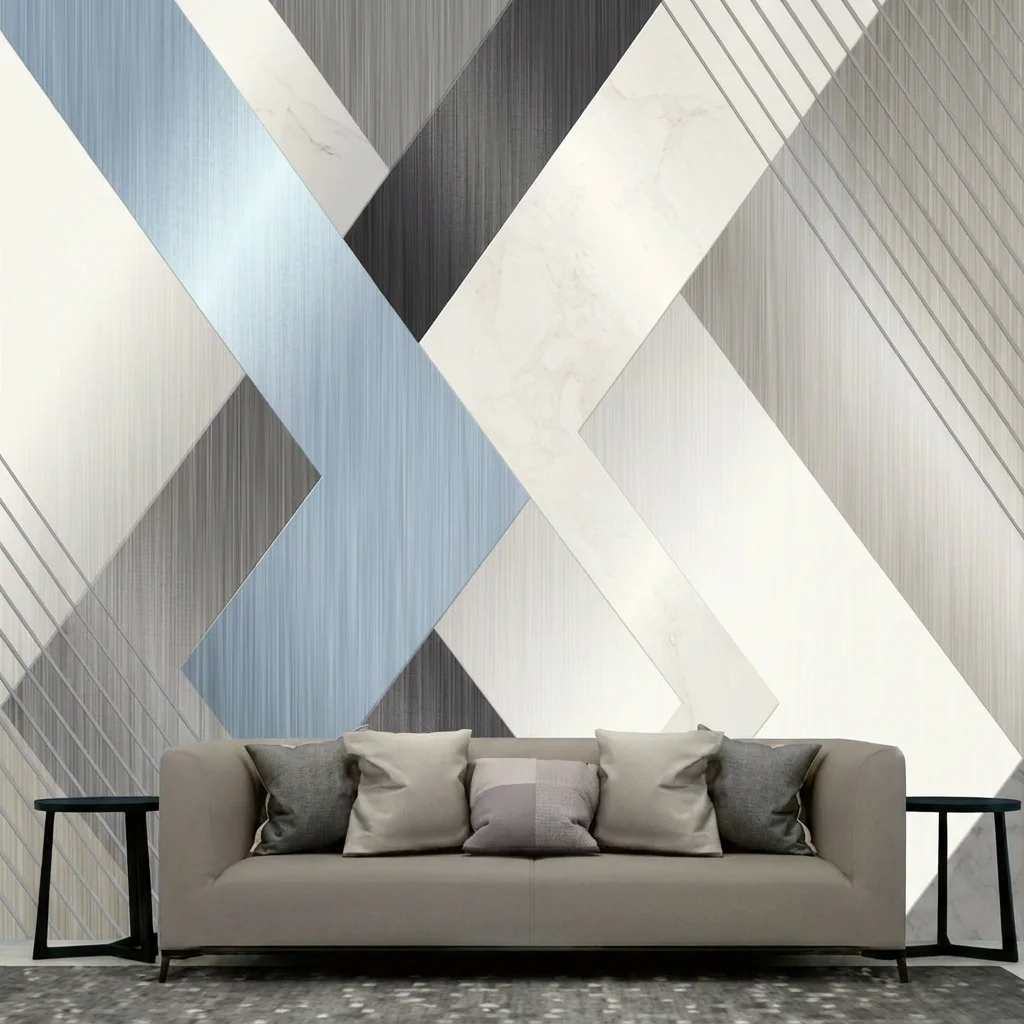 2D self-adhesive mural, imitation brushed metal texture, decorative TV background wall for living room and bedroom.