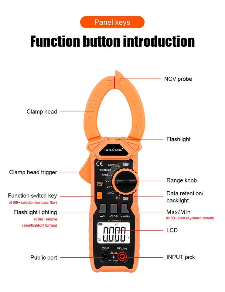 multifunctional 610B+ 1000V 1000A 5999 Counts Handheld VFC True RMS NCV Torch Digital Clamp Meter