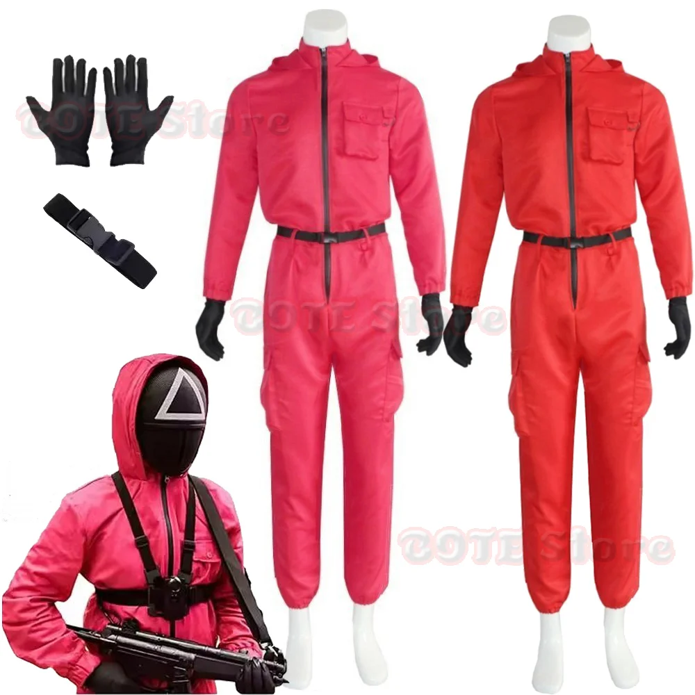 Adult Calamari Costume Guard Cosplay Game Jumpsuit Outfit Teenagers Tracksuit Hooded Overall Belt Gloves Red Calamari Jumpsuit