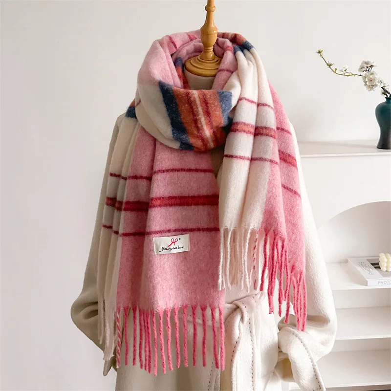 

Winter Scarf Women Luxury Autumn Winter Cashmere Scarf Thickened Warm Shawl Classic Tassels Fluffy Scarf Stripe Color Soft Shawl