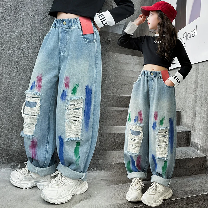 

Stylish Kids Child Fashion Hip Hop Broken Jeans with Drawings for Girl High Street Straight Leg Denim Pants Graffiti Trousers